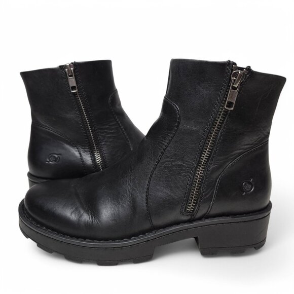 Born Chunky Black Leather Zip Side Booties Women's Goth Minimalist Grunge Punk 7 - Picture 4 of 9